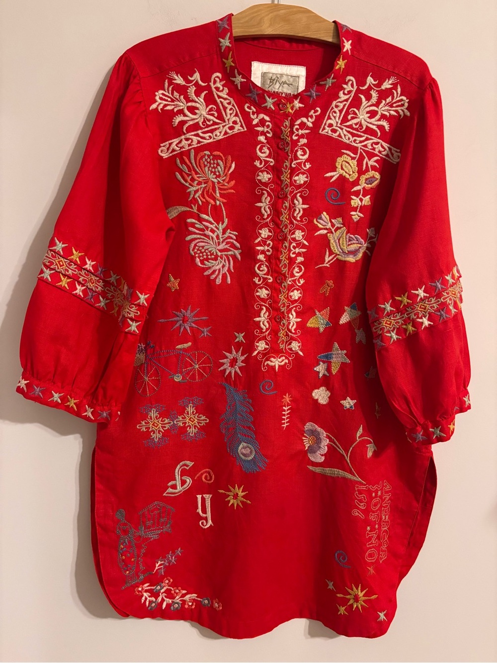 Johnny Was Biya Azusa Red Heavily Embroidered linen tunic